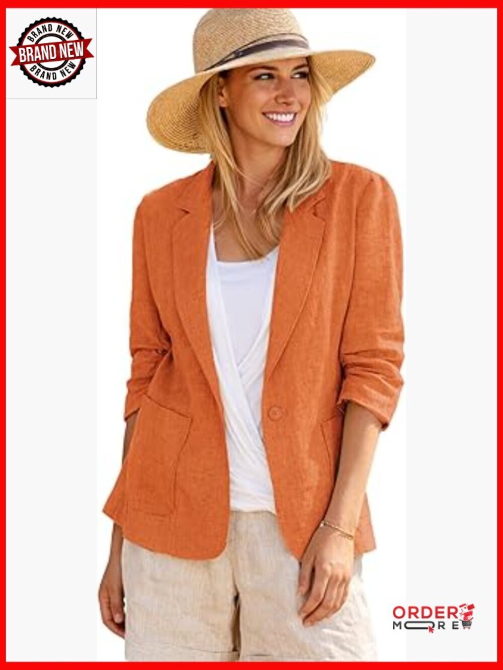 Women's Linen Blazer - Lightweight 3/4 Sleeve with Pockets